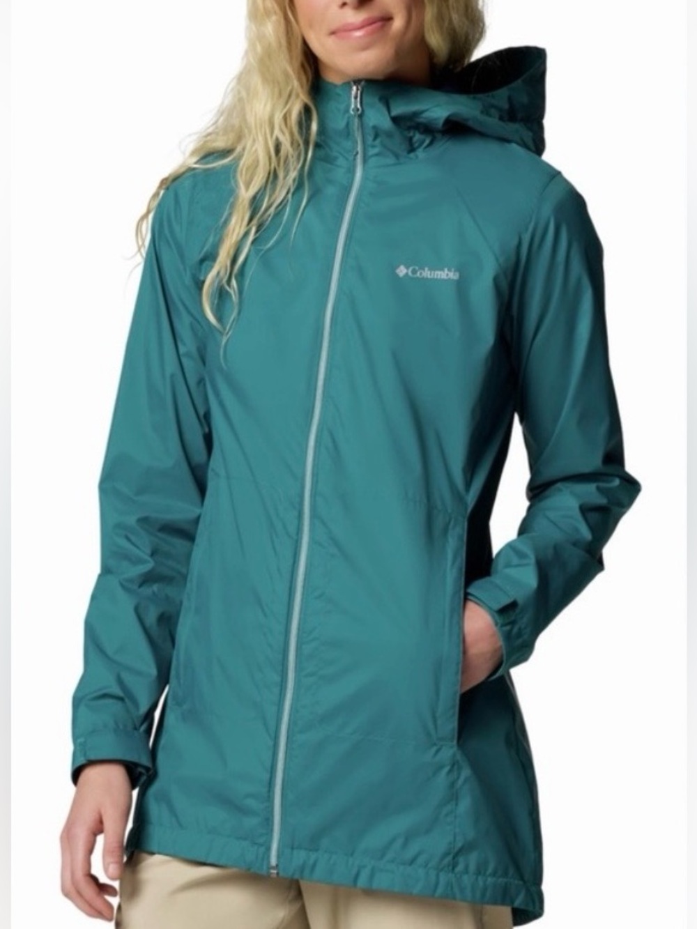Columbia Switchback Lined Long Rain Jacket Women’s L Teal Waterproof Hooded